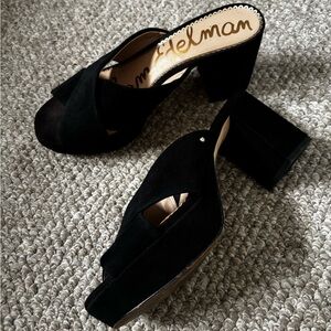 Sam Edelman Black Suede Open-Toe Block Heel Mules